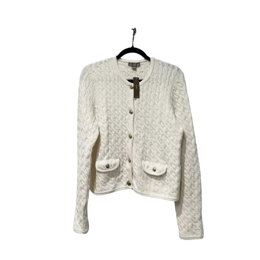 J. Crew Women's Odette Cable-Knit Cardigan Sweater Cotton-Blend Ivory Size L NWT